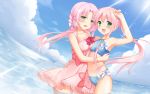  1920x1200 :d bikini blush braid breast_press breasts cafe_sourire cloud collarbone green_eyes halterneck highres lens_flare mizushima_kasumi mizushima_serika multiple_girls navel open_mouth pan_(mimi) partially_submerged pink_hair sky smile sunbeam sunlight swimsuit twintails wading wallpaper water yuri 