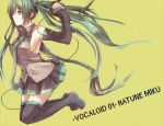  boots breasts detached_sleeves green_eyes green_hair hatsune_miku kneeling long_hair microphone necktie sideboob simple_background skirt solo thigh-highs thigh_boots thighhighs tonika_(421chizu) twintails very_long_hair vocaloid 