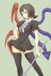  absurdres asymmetrical_wings black_hair black_legwear breasts dress highres houjuu_nue lips polearm red_eyes short_hair skindentation smile solo thigh-highs thighhighs touhou trident weapon wings zettai_ryouiki 