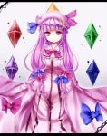  bow breasts cleavage crescent crystal hair_bow hat long_hair patchouli_knowledge purple_eyes purple_hair revision smile solo touhou uiroutsuji_yumihiko violet_eyes 