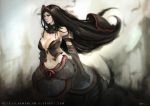  black_hair breasts choker circlet cleavage dark_and_day elbow_gloves gloves large_breasts lokman_lam long_hair midriff queen_of_eies red_eyes solo 