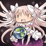  aubz bow chibi earth gloves goddess_madoka hair_bow kaname_madoka long_hair mahou_shoujo_madoka_magica pink_hair short_twintails space spoilers twintails two_side_up ultimate_madoka wide_face wings ||_|| 
