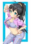  belt black_hair cool_&amp;_sexy_(idolmaster) earrings ganaha_hibiki idol idolmaster jewelry long_hair marisasu_(marisa0904) ponytail v 