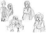  alternate_costume bench blush carrying closed_eyes couple eyes_closed good_end hair_over_one_eye hand_holding highres holding holding_hands hug hug_from_behind ikezawa_hanako katawa_shoujo long_hair monochrome nakai_hisao pantyhose pregnant princess_carry scar scarf school_uniform short_hair sitting sketch skirt smile standing sweater twrlare 