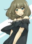  blonde_hair blue_eyes brown_hair fringe green_eyes heterochromia idolmaster idolmaster_cinderella_girls karute looking_at_viewer mole off_shoulder short_hair smile solo takagaki_kaede 