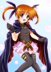  belt black_gloves black_legwear blush brown_hair cape cosplay diesel diesel-turbo fate_testarossa fate_testarossa_(cosplay) gloves long_hair looking_at_viewer lyrical_nanoha mahou_shoujo_lyrical_nanoha mahou_shoujo_lyrical_nanoha_the_movie_1st open_mouth skirt smile solo takamachi_nanoha thigh-highs thighhighs twintails 