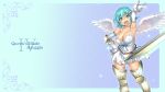  :d angel_wings aqua_eyes aqua_hair armor armpits astroguy2 asymmetrical_wings belt blush breasts cleavage dress elbow_gloves gloves greaves hair_ornament hairclip hand_on_hip highres hips large_breasts looking_at_viewer nanael open_mouth queen&#039;s_blade queen's_blade short_hair single_elbow_glove single_glove smile solo sword thigh-highs thigh_strap thighhighs weapon white_dress white_gloves white_legwear wings 