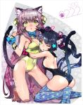  2girls animal_ears ass bell black_hair breasts cat_ears cat_tail claws cleavage highres hitowa hug long_hair looking_at_viewer multiple_girls original pink_hair tail thigh-highs thighhighs twintails wink yellow_eyes 