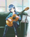  acoustic_guitar aida_yuu blue_eyes blue_hair couch guitar idolmaster instrument kisaragi_chihaya light_smile music_stand sitting solo 