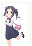  black_hair blush bow brown_eyes child dress errant food footwear fruit hair_ornament heart k-on! mary_janes nakano_azusa open_mouth shoes short_hair side_ponytail socks strawberry young 
