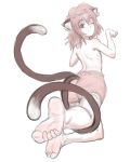  animal_ears back bare_back barefoot bloomers blush brown_eyes brown_hair cat_ears cat_tail chen earrings feet foreshortening hat highres jewelry kuro_suto_sukii looking_back monochrome multiple_tails perspective pov_feet short_hair sketch smile soles solo tail toe_scrunch toes topless touhou underwear underwear_only wink 