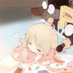  =_= bed blonde_hair candy candy_wrapper check_translation clothes_writing doll_hug formal futaba_anzu futon game_boy idolmaster idolmaster_cinderella_girls long_hair lying melompan microphone on_stomach playstation_portable producer_(idolmaster) sleeping stuffed_animal stuffed_bunny stuffed_toy translated twintails under_covers very_long_hair 