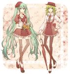  dress fashion flower green_eyes green_hair gumi hand_on_hip hat hatsune_miku hips jewelry long_hair multiple_girls necklace pantyhose shivue thigh-highs thighhighs twintails umbrella vertical-striped_legwear vertical_stripes very_long_hair vocaloid 
