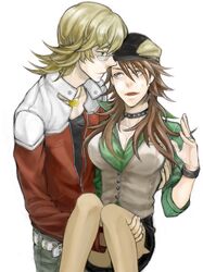  1girl barnaby_brooks_jr blonde_hair breasts brown_eyes brown_hair cabbie_hat carrying collar fangs female genderswap glasses green_eyes hat jacket jewelry kaburagi_t_kotetsu large_breasts long_hair male necklace pantyhose princess_carry red_jacket ring ryution sheer_legwear simple_background tegaki tiger_&amp;_bunny vest waistcoat watch wedding_band white_background wristwatch 