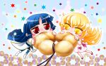  2girls blonde_hair blue_hair blush_stickers chibi crossover denyc doughnut fangs gintama imai_nobume long_hair monogatari_(series) multiple_girls nisemonogatari oshino_shinobu pointy_ears red_eyes thigh-highs thighhighs yellow_eyes 