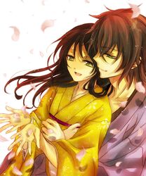  1girl :d brown_hair couple green_eyes hakuouki_shinsengumi_kitan hug japanese_clothes long_hair okita_souji_(hakuouki) open_mouth petals smile yukimura_chizuru yuuga0k 