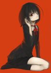 another arm_support black_hair black_legwear eyepatch highres kneehighs leaning_forward looking_at_viewer m874 misaki_mei no_shoes red_background red_eyes ribbon school_uniform seiza short_hair simple_background sitting solo 
