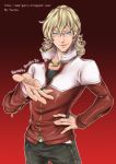 absurdres barnaby_brooks_jr blonde_hair blue_eyes character_name eyelashes glasses highres jacket jewelry male necklace outstretched_hand perspective red_jacket ring solo tiger_&amp;_bunny watermark web_address yuzuko_(genie) 