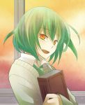  :d book fujishiro_nageki green_hair hatoful_kareshi male necktie open_mouth orange_eyes personification school_uniform smile solo sweater tears torino_rito 