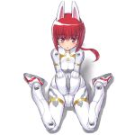  :&lt; animal_ears between_legs bodysuit breast_squeeze breasts bunny_ears busou_shinki character_request dd_(artist) doll_joints facial_mark from_above long_hair looking_at_viewer looking_up mizuki_(busou_shinki) perspective red_eyes red_hair redhead simple_background sitting solo v_arms wariza white_background 
