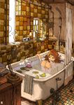  bathing bathroom bathtub brown_eyes brown_hair bubble highres inukoko lamp lily_pad original partially_submerged plant potted_plant radio rubber_duck solo tile_floor tiles towel water window 