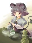 animal_ears basket blush brown_dress capelet coffee_grinder coffee_maker_(object) dress gem grey_hair highres jewelry mouse mouse_ears nazrin necklace nise_nanatsura nisenana pendant pitcher prehensile_tail red_eyes shirt short_hair smile solo table tail touhou water