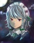  bow braid hair_bow izayoi_sakuya maid maid_headdress moon portrait red_eyes ribbon short_hair silver_hair sky smile solo star_(sky) starry_sky sugita the_embodiment_of_scarlet_devil touhou twin_braids 