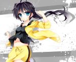  absurdres ahoge araragi_karen asymmetrical_hair black_hair blue_eyes highres kusano_(torisukerabasu) long_hair monogatari_(series) navel nisemonogatari side_ponytail sleeves_pushed_up solo 