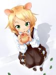  apple blonde_hair character_request dress food fruit green_eyes holding holding_apple holding_fruit leaf looking_up mariel-san open_mouth original punto sitting 
