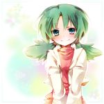  alternate_hair_color amamiya_kabosu aqua_eyes blue_eyes blush crystal_(pokemon) floral_background flower green_hair jacket looking_at_viewer no_bandana pokemon pokemon_(game) pokemon_crystal pokemon_gsc pokemon_special smile solo turtleneck twintails 