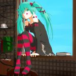  absurdres arm_support book cup detached_sleeves dress green_eyes green_hair hair_ribbon hatsune_miku highres long_hair nucomiso ribbon sitting solo striped striped_legwear teacup thighhighs twintails vocaloid window 