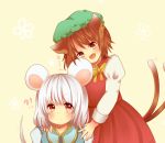  2girls :&lt; animal_ears bad_id brown_eyes brown_hair cat_ears cat_tail chen earrings fang hand_on_shoulder hat jewelry mouse_ears mouse_tail multiple_girls multiple_tails nazrin open_mouth red_eyes short_hair silver_hair single_earring tail touhou yagura_miketa 