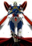  black_hair cape crossed_arms domon_kasshu fingerless_gloves g_gundam gloves glowing glowing_eyes god_gundam gundam hachimaki headband mecha open_mouth shouji_2 