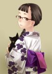  animal bangs black_cat black_eyes black_hair braid cat from_behind furisode glasses japanese_clothes kimono long_hair looking_back luna2 obi original simple_background single_braid smile solo yukata 