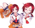  chopsticks crumbs grin hair_ornament hairclip hino_akane necktie okonomiyaki ponytail precure red_eyes red_hair redhead school_uniform sleeves_rolled_up smile smile_precure! solo tima white_background 