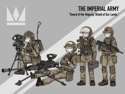  4girls :p absurdres ammunition_box assault_rifle blonde_hair bullpup combat_helmet echo_ojisan full_body green_hair gun heavy_machine_gun helmet highres holding holding_gun holding_weapon machine_gun military_combat_uniform military_uniform multiple_girls orange_hair original radio rifle sitting spotting standing tongue tongue_out tripod visor_(armor) w weapon 