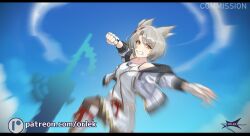 1girl absurdres animal_ears bare_shoulders black_pantyhose cat_ears cat_girl clenched_hand clenched_teeth commission grey_hair highres incoming_attack incoming_punch jacket markiplier midair mio_(xenoblade) motion_blur open_clothes open_jacket orlek pantyhose pleated_skirt punching skirt solo tank_top teeth white_jacket white_skirt white_tank_top xenoblade_chronicles_(series) xenoblade_chronicles_3 yellow_eyes 
