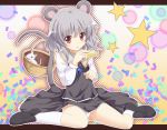  animal_ears basket blush cheese dress francis_(ohne) grey_hair jewelry looking_at_viewer mound_of_venus mouse mouse_ears mouse_tail nazrin panties pantyshot pantyshot_(sitting) pantyshot_sitting pendant red_eyes short_hair sitting solo star stars tail tail_hold touhou underwear wariza white_legwear white_panties 