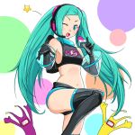  aqua_eyes aqua_hair beelzebub_yuuichi crop_top detached_sleeves elbow_gloves gloves hatsune_miku headset leg_lift long_hair microphone midriff navel open_mouth parody project_diva see-through short_shorts shorts solo space_channel_5 star thigh-highs thighhighs twintails very_long_hair vocaloid wink 