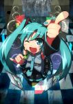  aqua_eyes aqua_hair blush circuit_board detached_sleeves fingernails foreshortening hatsune_miku headphones holographic_interface holographic_monitor long_hair looking_at_viewer microphone nail_polish open_mouth ryuu_(multitask) skirt smile solo speaker twintails very_long_hair vocaloid wink 