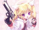  :o arms_up blonde_hair character_request desert_eagle explosive fang fingerless_gloves gloves grenade gun hair_ornament halo handgun head_wings hoodie kiira long_hair open_mouth paper_man paperman purple_eyes shirt solo twintails violet_eyes weapon 