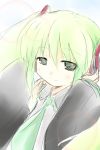  1girl green_hair hands_on_headphones hatsune_miku headphones long_hair necktie shichinose smile solo vocaloid 