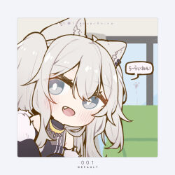  1girl :d ahoge animal_ear_fluff animal_ear_piercing animal_ears black_shirt blush bright_pupils chibi chibi_only double-parted_bangs forever9nine grey_eyes grey_hair hair_between_eyes halter_shirt halterneck highres hololive indoors jewelry lion_ears living_room long_hair long_sidelocks looking_at_viewer messy_hair necklace open_mouth shirt shishiro_botan shishiro_botan_(1st_costume) sidelocks smile solo two_side_up virtual_youtuber white_pupils 
