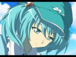  anime_coloring aqua_eyes aqua_hair cloud face hair_bobbles hair_ornament hat kawashiro_nitori letterboxed rhine short_hair sky smile solo touhou twintails 