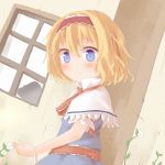  alice_margatroid blonde_hair blue_dress blue_eyes blush capelet dress flower frown headband leaf looking_at_viewer sash shize_(coletti) short_hair short_sleeves solo strap touhou wall window 
