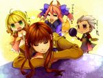  3girls =_= ahoge animal_ears apron archer blonde_hair breasts brown_eyes brown_hair caster_(fate/extra) chibi cleavage dark_skin fang fate/extra fate_(series) female_protagonist_(fate/extra) fox_ears fox_tail frying_pan green_eyes long_hair multiple_girls my_09 saber_extra sleeping tail translated white_hair 