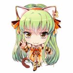  1girl :3 animal_ears blush c.c. chibi code_geass detached_sleeves green_hair jewelry looking_at_viewer meimi_k solo striped striped_legwear tail thigh-highs tiger_print tiger_tail yellow_eyes 