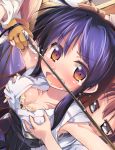  armpits arrow blush bow_(weapon) bra breast_grab breast_squeeze breasts brown_gloves brown_hair cleavage gloves grey_eyes lace-trimmed_bra lingerie multiple_girls nanaroku_(fortress76) open_mouth original purple_eyes purple_hair sash tears underwear violet_eyes weapon 