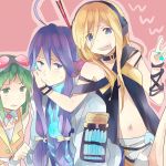  2girls ahoge anger_vein blonde_hair blue_eyes goggles goggles_on_head green_eyes green_hair gumi headphones kamui_gakupo lily_(vocaloid) long_hair looking_at_viewer multiple_girls navel non_(hey_you!) open_mouth ousaka_nozomi ponytail short_hair smile sweatdrop tongue v vocaloid 