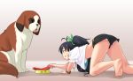  animal barefoot black_hair bra dog feet food ganaha_hibiki idolmaster inumi lingerie meat panties ponytail soels striped striped_bra striped_panties toshifumi underwear 